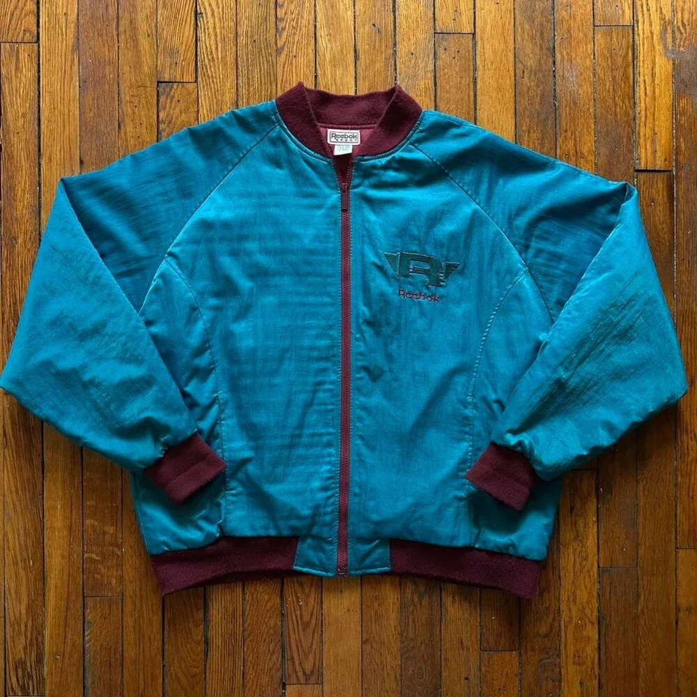 Vintage 90s Reebok Sport Puffer Jacket Men XL Aqua Berry Blue Purple Embroidered - Picture 1 of 8